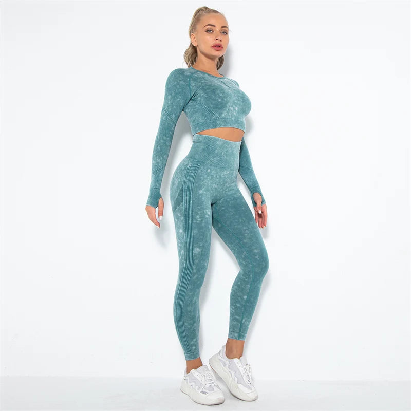 Women Seamless Yoga Set Fitness Sports Suits Gym Clothing Long Sleeve Crop Top Shirts High Waist Running Leggings Workout Pants